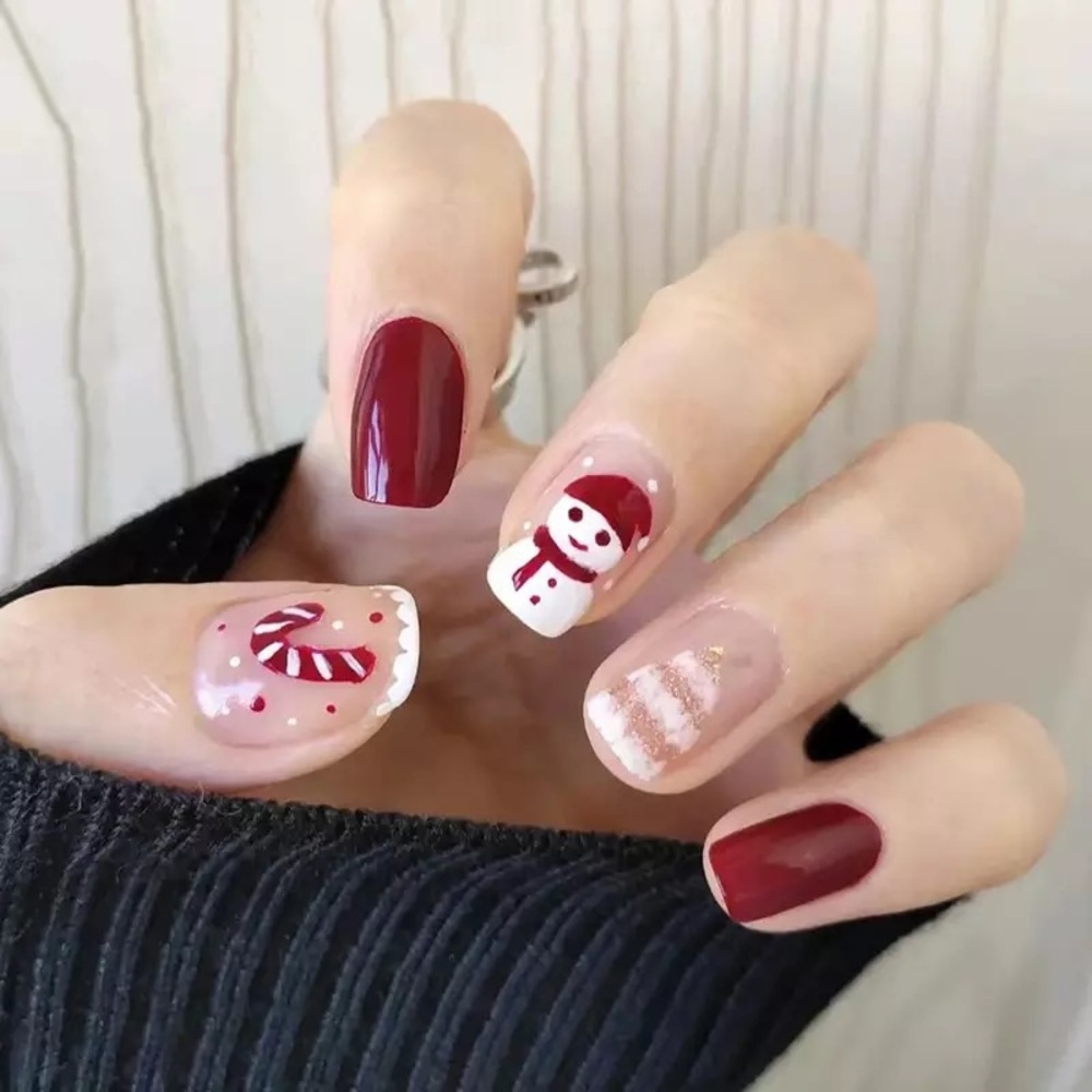 24 pcs Square Short Snowman Cute Christmas Press on Nails